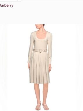 Burberry Beige Long-Sleeve Belted Pleated Midi Dress